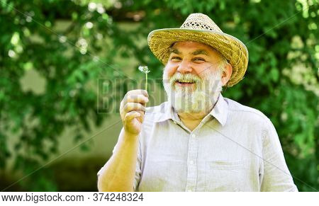 Elderly Man In Straw Summer Hat. Mental Health. Peace Of Mind. Harmony Of Soul. Peaceful Grandpa Blo