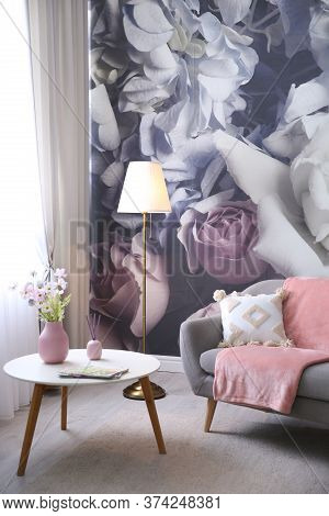 Beautiful Floral Photoart Work Used As Wallpaper In Living Room Interior