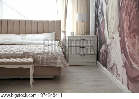 Beautiful Floral Photoart Work Used As Wallpaper In Bedroom Interior