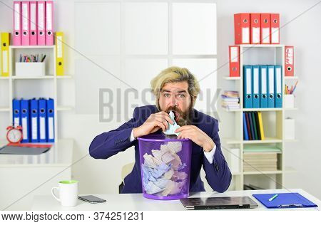Rummaging Through The Papers. Businessman Hold Trash Can. Man Look For Lost Document. Office Worker 