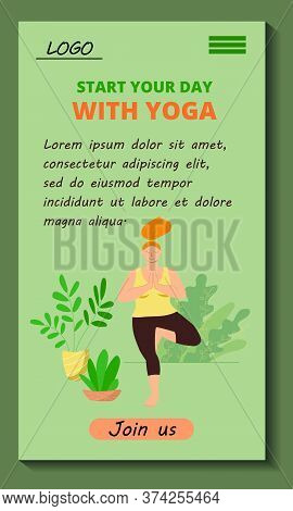 Mobile Application Start Your Day With Yoga. Body Positive Girl Doing Asana. Stock Vector Flat Moder