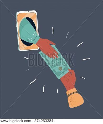 Vector Illustration Of People Sending And Receiving Money Wireless With Their Mobile Phones. Hands G