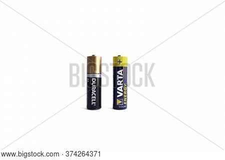 Kiev, Urkaine, 18 June 2020, Varta Aa Alkaline Battery And Duracell Aa Alkaline Battery Are On White