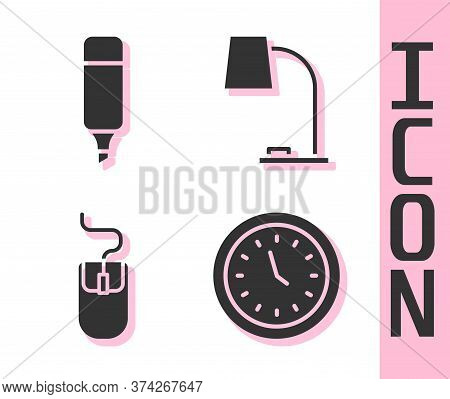 Set Clock, Marker Pen, Computer Mouse And Table Lamp Icon. Vector