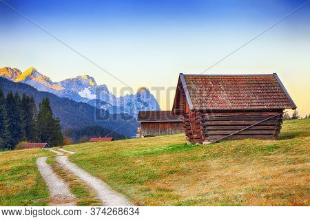 Fantastic View Of Alpine Valley With Wooden Huts  Near Wagenbruchsee (geroldsee) Lake With Zugspitze