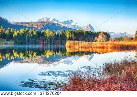 Awesome View Of Wagenbruchsee (geroldsee) Lake With Zugspitze Mountain Range On Background. Location