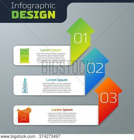 Set Barrel Oil Leak, Oil Rig With Fire And Bio Fuel Canister. Business Infographic Template. Vector