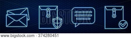 Set Line Speech Bubble Chat, Envelope, Envelope With Shield, Envelope And Check Mark And Envelope Wi