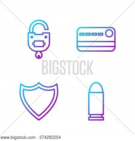 Set Line Bullet, Shield, Lock And Key And Credit Card. Gradient Color Icons. Vector