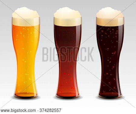 Beer Glasses Set. Different Types Of Beer: Lager, Golden Ale, Stout. Vector Illustration Eps10.