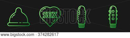 Set Line Dildo Vibrator, Condom, Heart With Text Sex And Dildo Vibrator. Gradient Color Icons. Vecto