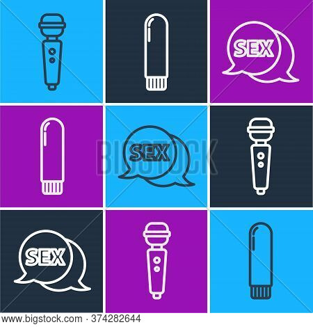Set Line Dildo Vibrator, Speech Bubble With Sex And Dildo Vibrator Icon. Vector