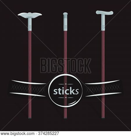 Wooden Walking Stick Cane Set. Flat Design. Vector Illustration.