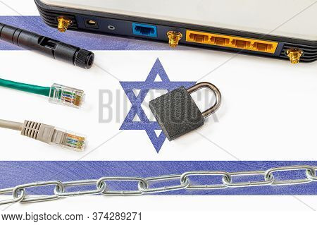 Israel Internet Censorship And Security Concept. Flag In The Background Of The Internet Connection S
