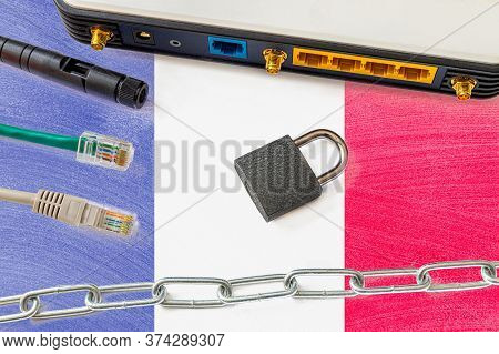 France Internet Censorship And Security Concept. Flag In The Background Of The Internet Connection S