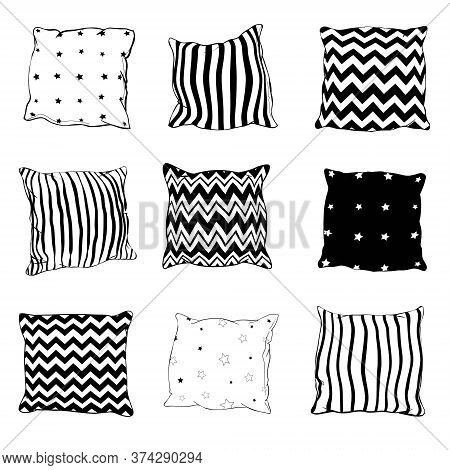 Set Of Black Hand-drawn Sketch Style Pillows - One, Two, Stack Of Four, Standing, Lying, Front And S