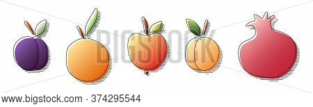 Hand Drawn In Colorful Gradient Colors Plum, Orange, Apple, Apricot, Pomegranate Fruit With Black Li