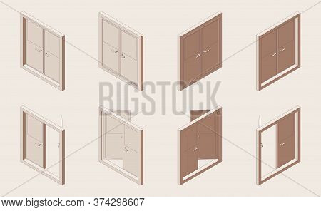 Isometric Outline Set Of Closed And Open Double Doors.