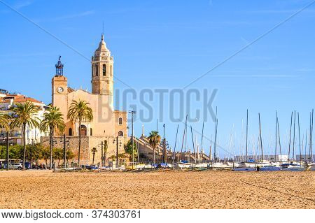 View Of Sant Bartomeu And Santa Tecla Church In Sitges. Spain.