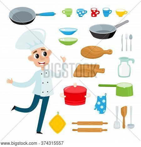 Cartoon Kitchen Tools Set Isolated On White.