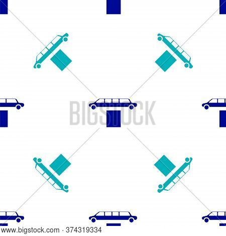 Blue Luxury Limousine Car And Carpet Icon Isolated Seamless Pattern On White Background. For World P