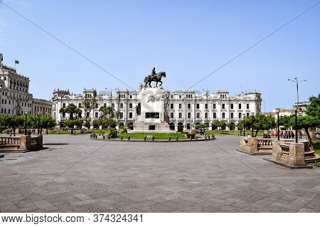 Lima, Peru 2020-03-02: Plaza San Martin On Sunny Day With Monument Of Jose De San Martin Against Blu
