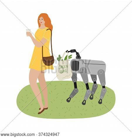 Robot Dog Carrying Shopping Bag With Food And Helping Young Woman