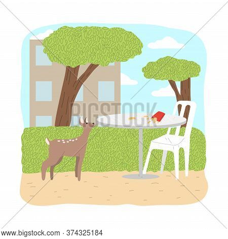 Small Browm Fawn Willing To Eat Fast Food From Table In City