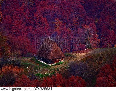 aerial view of Carpathian mountains countryside in autumn morning, Romania