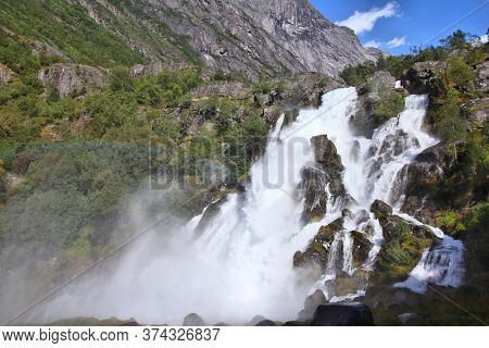 Norway Nature - Waterfall Landscape. Jostedalsbreen National Park - Briksdalen Valley.
