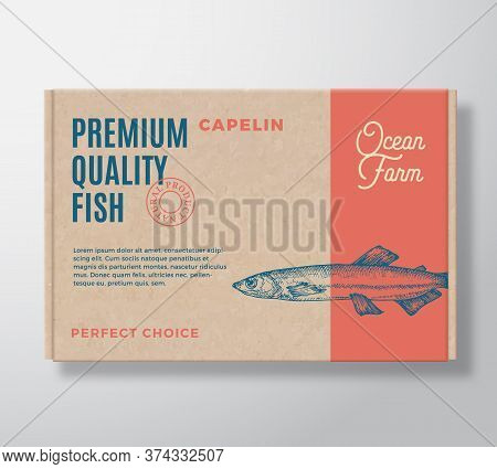 Premium Quality Fish Realistic Cardboard Box. Abstract Vector Packaging Design Or Label. Modern Typo