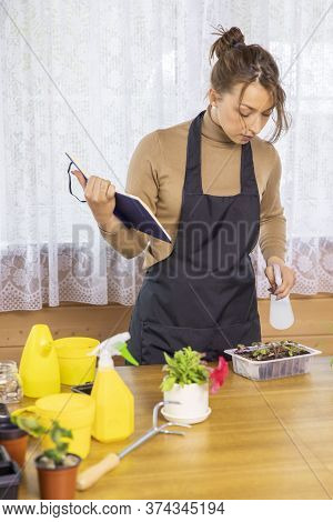 Attractive Positive Joyful Girl Holding Diary Planting Plants In Pots Indoor. Home Gardening Hobby. 