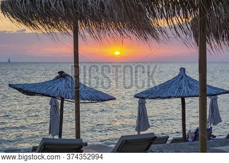 Sunset On Akti Koviou Beach On Sithonia Peninsula, Chalkidiki, Greece