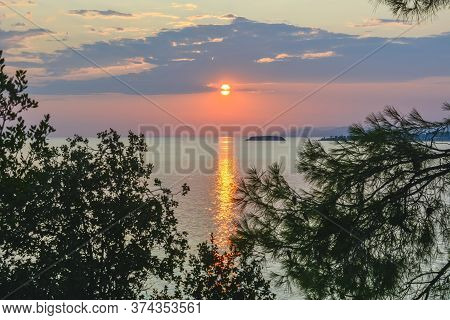 Sunset On Akti Koviou Beach On Sithonia Peninsula, Chalkidiki, Greece