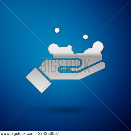 Silver Washing Hands With Soap Icon Isolated On Blue Background. Washing Hands With Soap To Prevent 