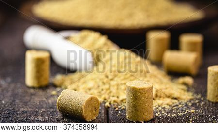 Ground Peanut Powder, On A Rustic Table, Called Brazilian Paçoca.