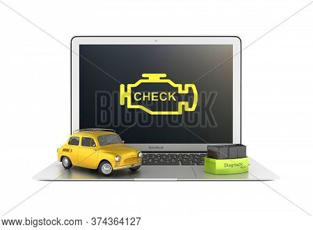 Car Diagnostic Concept Close Up Of Laptop With Obd2 Wireless Scanner And Retro Car On White Backgrou