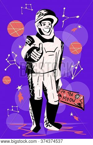 Stock Vector Illustration Of A Happy Astronaut Holding A Sign In Hand 