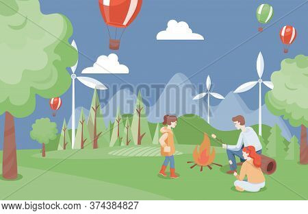 Happy Family Spending Time Together At Summer Picnic In The Forest Vector Flat Illustration. Family 