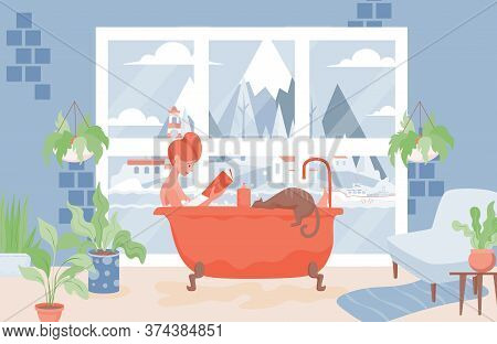 Happy Woman Takes A Bath And Reads Book Vector Flat Illustration. Modern Bathroom Interior Design. W