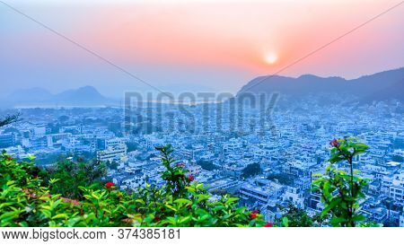 Vijayawada, INDIA - January 7 2019 : Aerial view of city in twilight, at Vijayawada, India