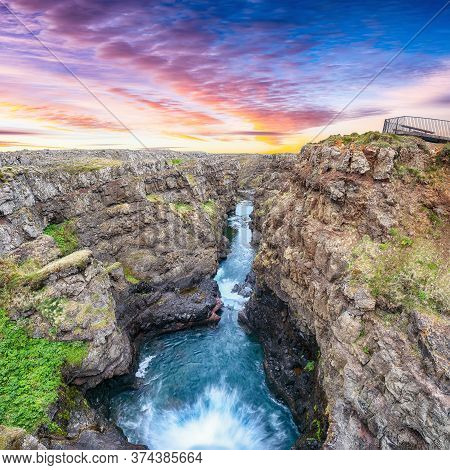 Spectacular View Of  Kolugljufur Canyon And Kolufossar Falls. Kolugljufur Gorge Is Located On River 