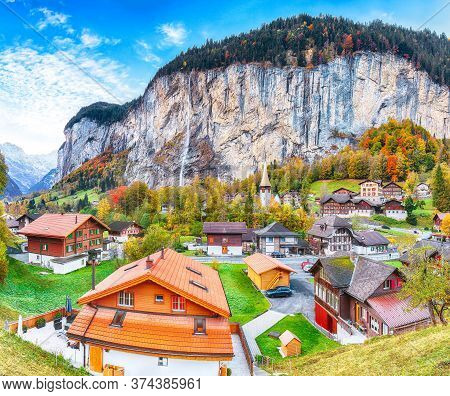 Astonishing Autumn View Of Lauterbrunnen Valley With Gorgeous Staubbach Waterfall And Swiss Alps In 