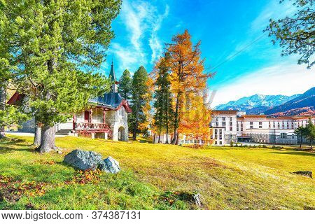 Awesome Autumn Scene In Swiss Alps And Maloja Palace. Colorful Autumn Scene Of Swiss Alps. Location: