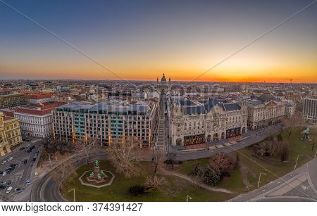 Aerial Drone Shot Of Zrinyi Utca Street Before St. Stephen Basilica Before Budapest Sunrise
