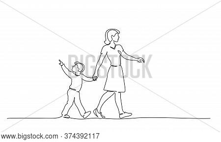 Happy Mother And Chlid Boy Walking Together