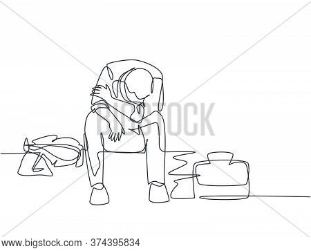 Single Continuous Line Drawing Of Young Depressed Male Manager Bowed Limply On Chair After He Got Sa