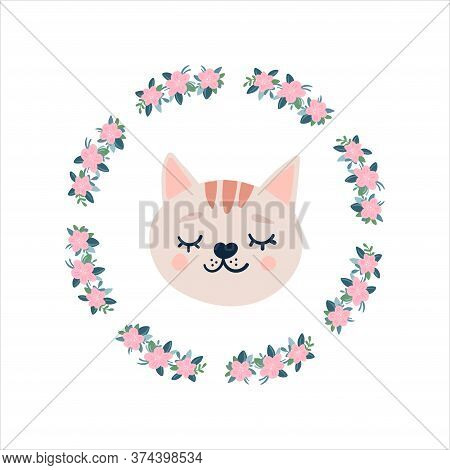 Orange Cat Head With Closed Eyes. Cute Cartoon Funny Character. Pet Baby Print Collection. Scandinav