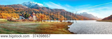 Fantastic Autumn View Of Crap Da Sass Castle On Silvaplana Lake. Location: Silvaplana, Maloya Distri