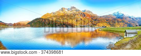 Awesome Autumn Panorama Of Silvaplana Lake And Surlej Village. Location: Silvaplana, Maloya District